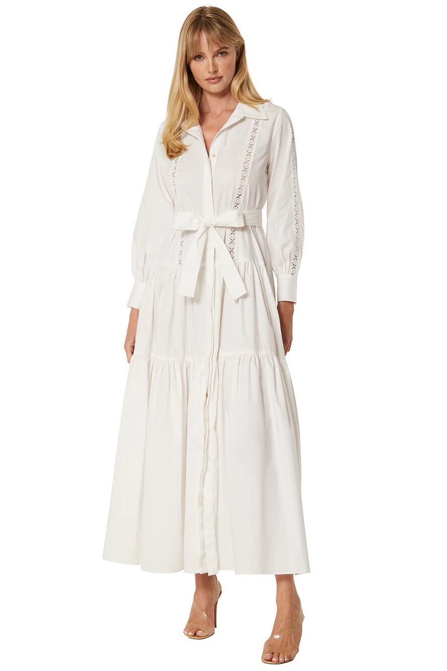 Misa Marlena White Button Front Tiered Long Sleeve Belted Shirt Maxi Dress Sz XS